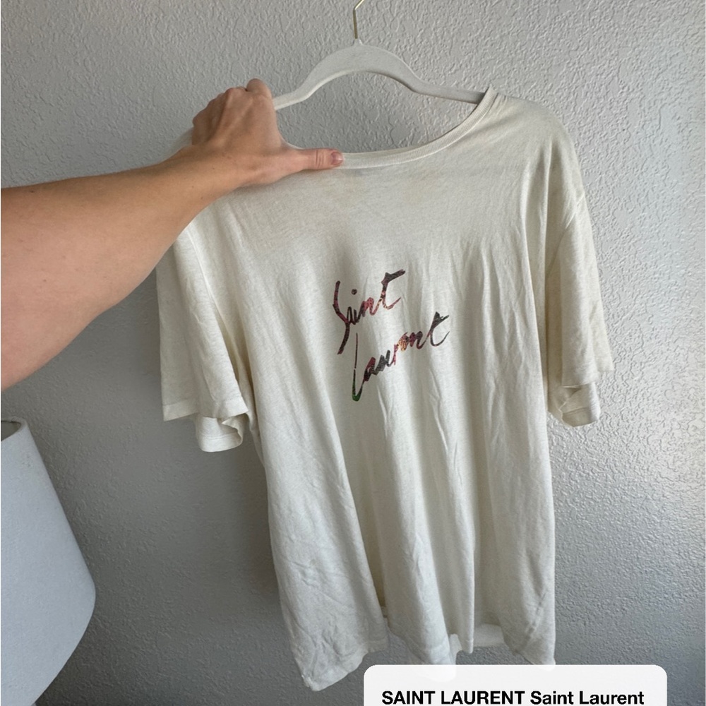 Saint Laurent Cream Graphic Tee with Script Logo